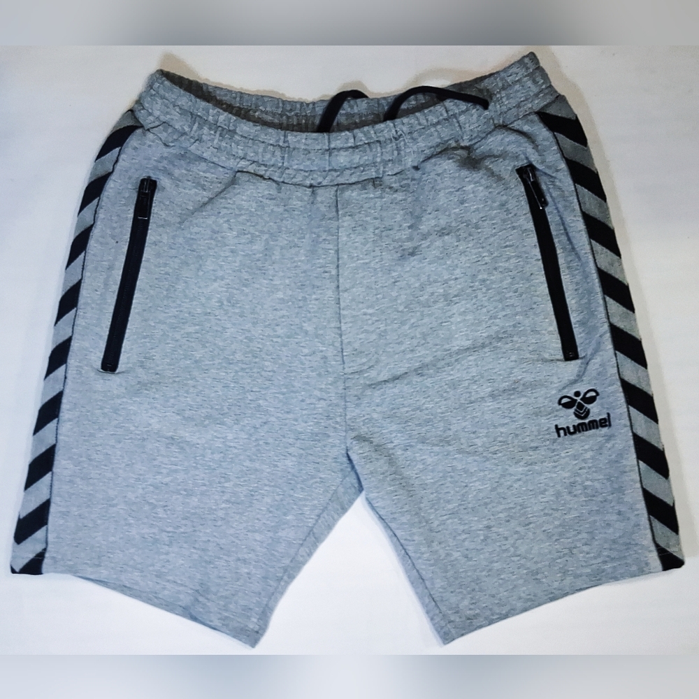 Hummel Sweatshorts Men's Medium Gray Chevron Side Stripe Zip Pockets 7" Inseam